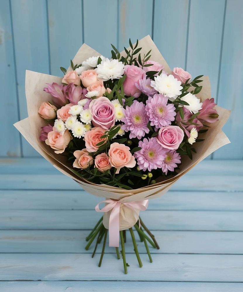 Букет цветов из: Хризантемы, Розы и Альстромерии в Темникове