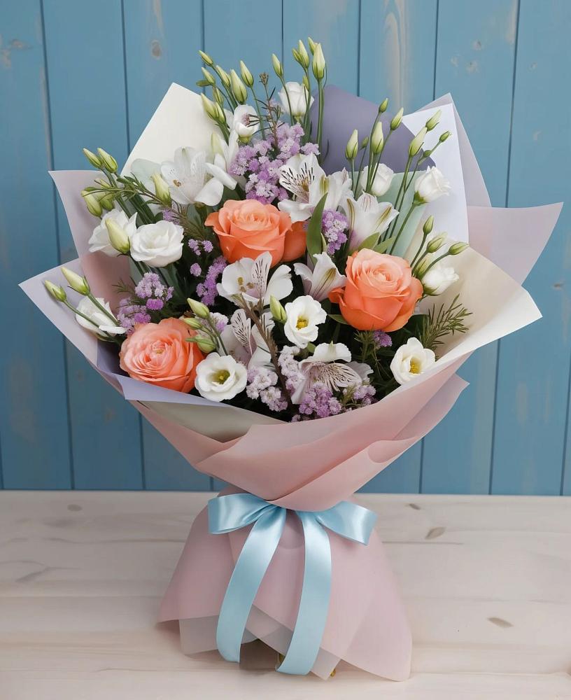 Букет цветов из: Лизиантусы, Розы, Альстромерии и Гипсофила в Темникове