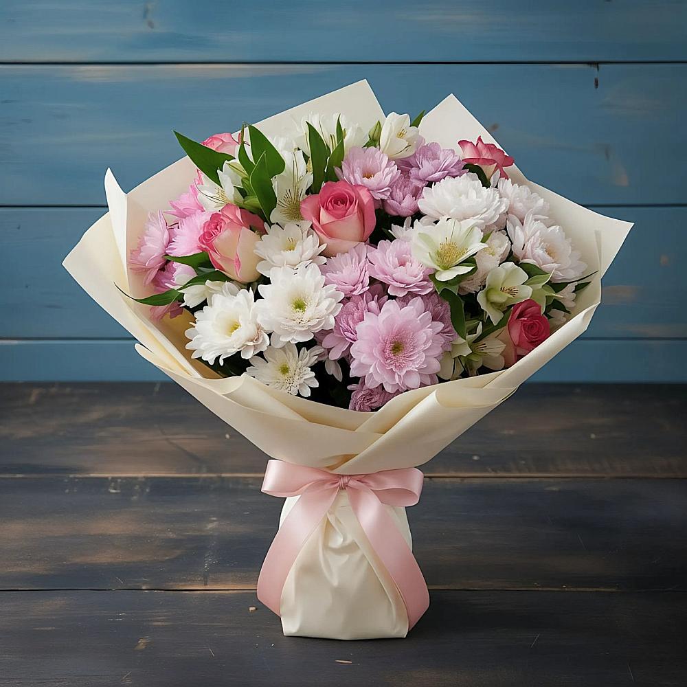 Букет цветов из: Хризантемы, Альстромерии и Розы в Темникове